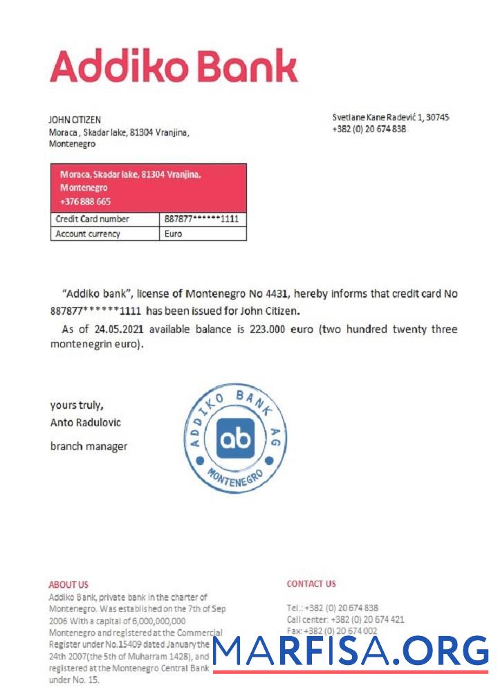 Downloadable Montenegro Addiko bank reference download for verification